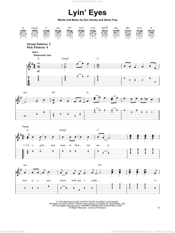 Lyin' Eyes sheet music for guitar solo (easy tablature) by The Eagles, Don Henley and Glenn Frey, easy guitar (easy tablature)