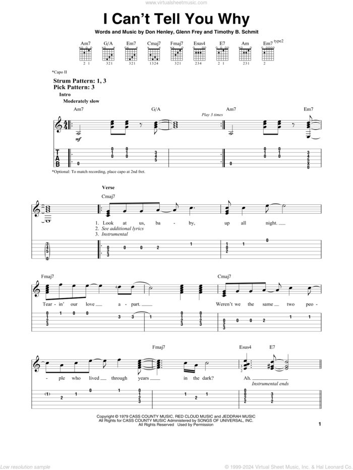 I Can't Tell You Why sheet music for guitar solo (easy tablature) by The Eagles, Don Henley, Glenn Frey and Timothy B. Schmit, easy guitar (easy tablature)