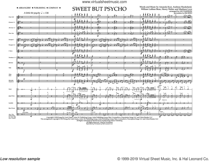 Sweet But Psycho (arr. Jay Dawson) (COMPLETE) sheet music for marching band by Ava Max, Amanda Koci, Andreas Haukeland, Henry Walter, Madison Love and William Lobban Bean, intermediate skill level
