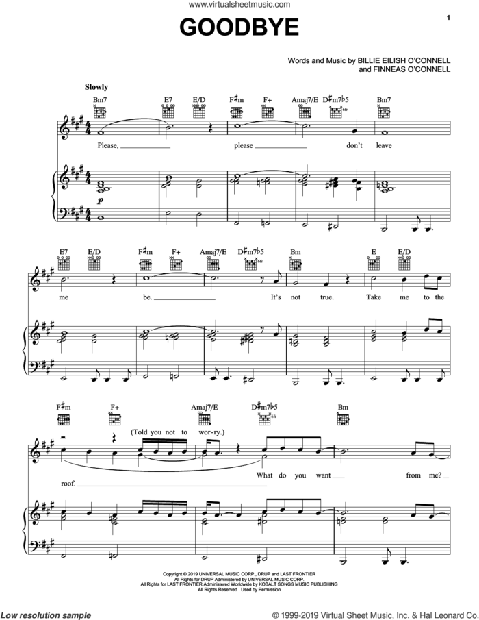 goodbye sheet music for voice, piano or guitar by Billie Eilish, intermediate skill level