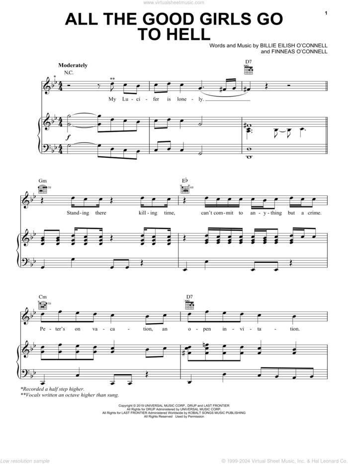 all the good girls go to hell sheet music for voice, piano or guitar by Billie Eilish, intermediate skill level