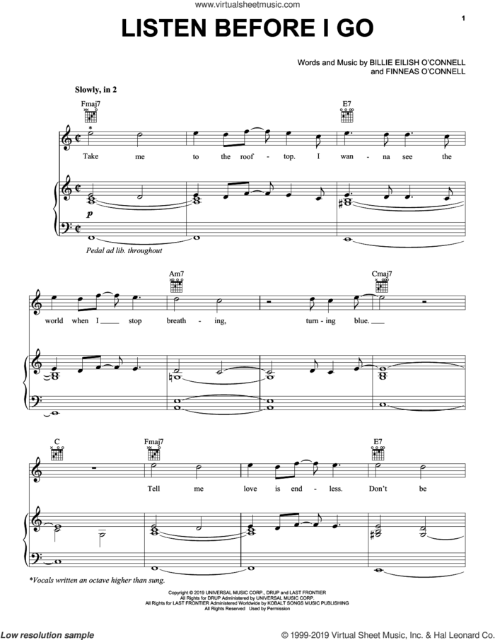 listen before i go sheet music for voice, piano or guitar by Billie Eilish, intermediate skill level