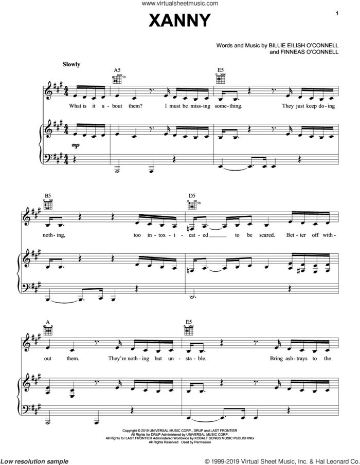 xanny sheet music for voice, piano or guitar by Billie Eilish, intermediate skill level