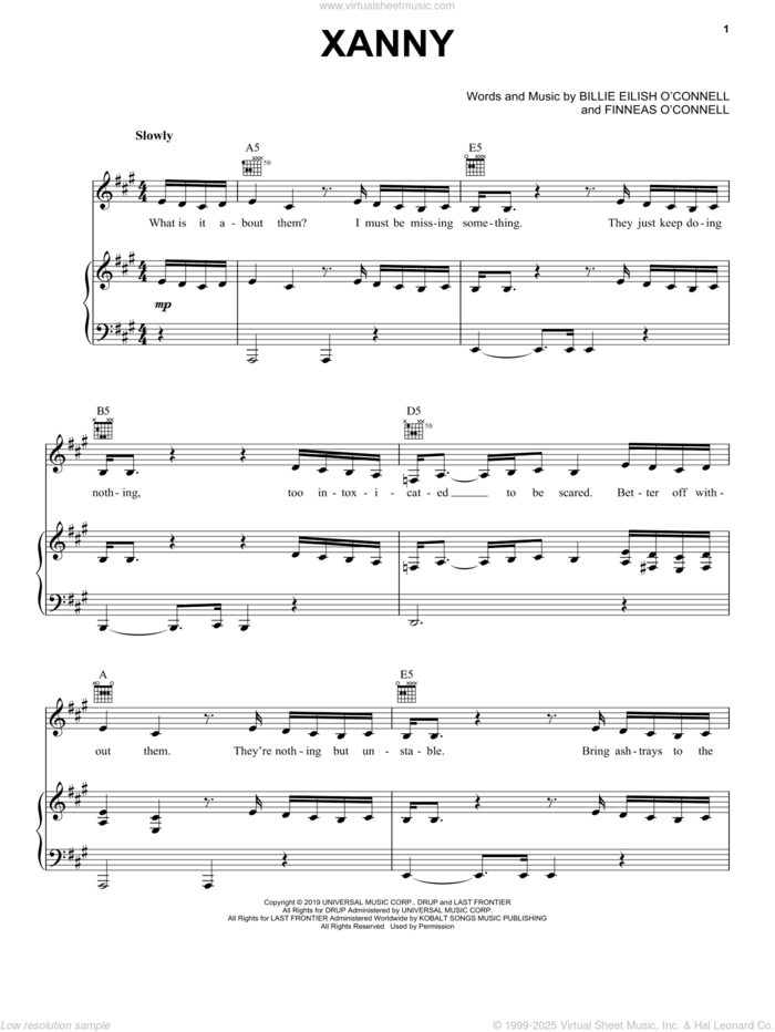 xanny sheet music for voice, piano or guitar by Billie Eilish, intermediate skill level