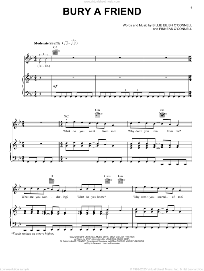 bury a friend sheet music for voice, piano or guitar by Billie Eilish, intermediate skill level