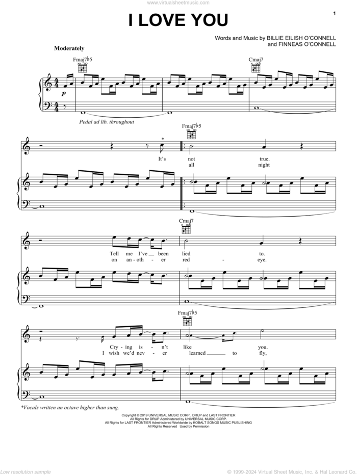 i love you sheet music for voice, piano or guitar by Billie Eilish, intermediate skill level