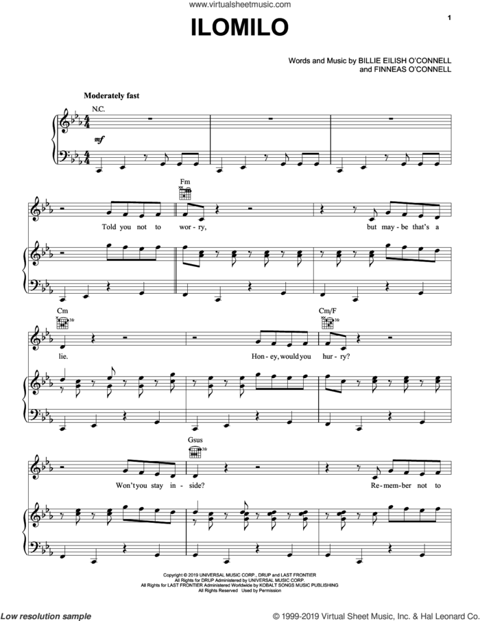 ilomilo sheet music for voice, piano or guitar by Billie Eilish, intermediate skill level