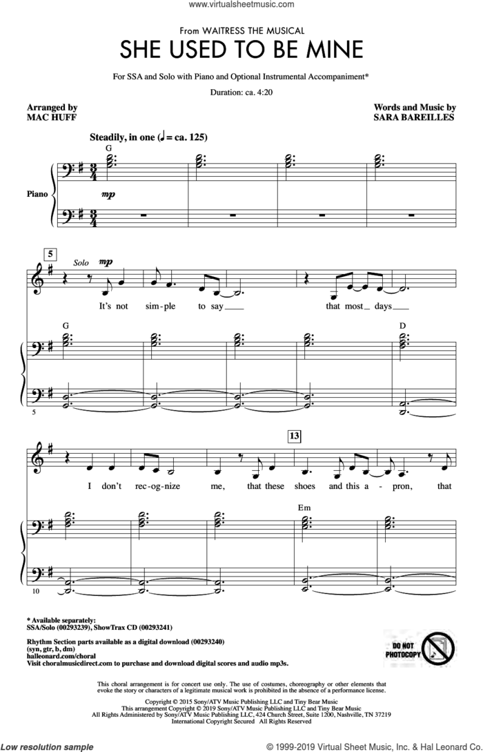 She Used To Be Mine (from Waitress the Musical) (arr. Mac Huff) sheet music for choir (SSA: soprano, alto) by Sara Bareilles and Mac Huff, intermediate skill level