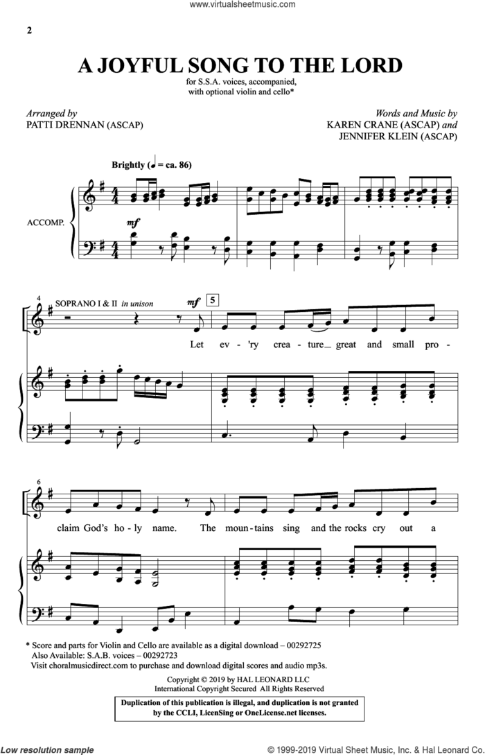 A Joyful Song To The Lord (arr. Patti Drennan) sheet music for choir (SSA: soprano, alto) by Karen Crane, Patti Drennan, Jennifer Klein and Karen Crane & Jennifer Klein, intermediate skill level