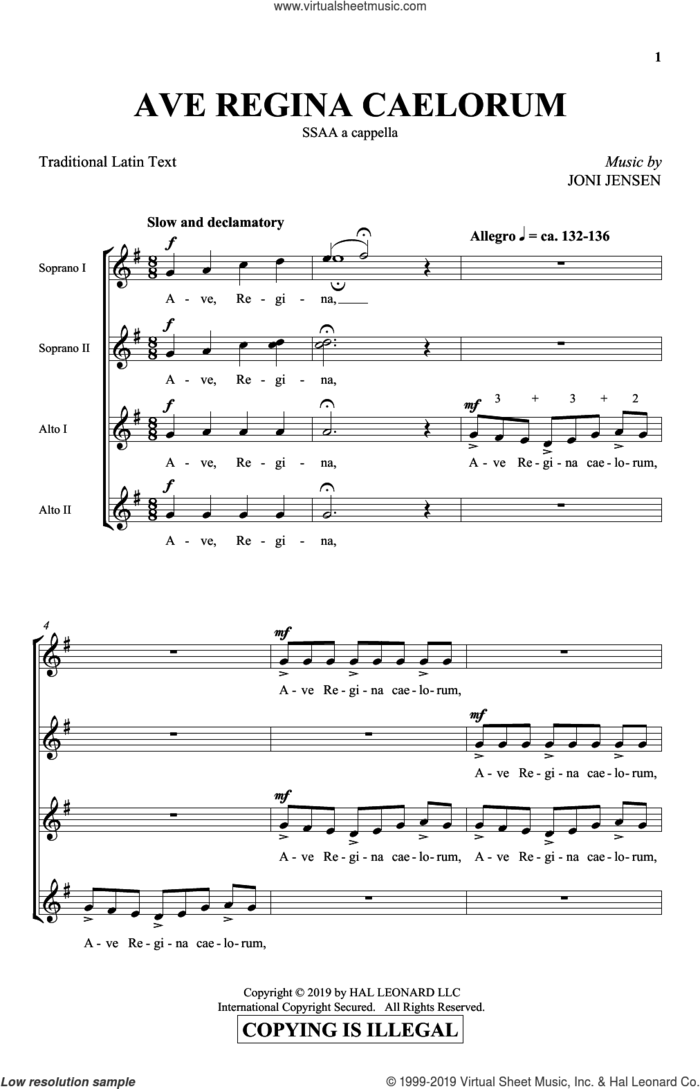 Ave Regina Caelorum sheet music for choir (SSA: soprano, alto) by Joni Jensen and Miscellaneous, intermediate skill level