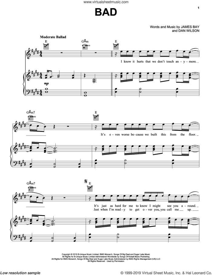 Bad sheet music for voice, piano or guitar by James Bay and Dan Wilson, intermediate skill level