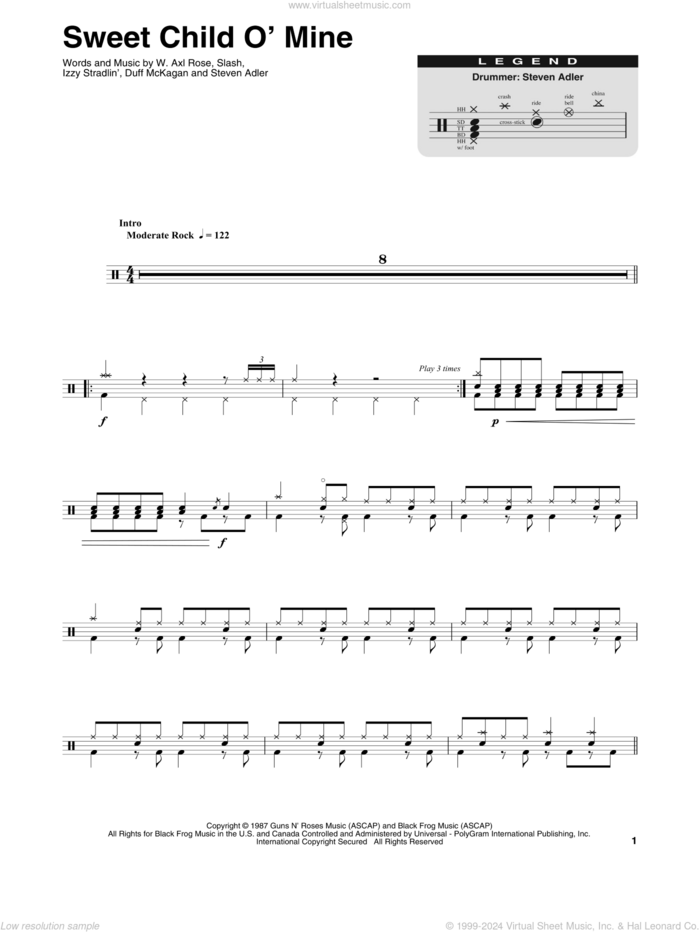 Sweet Child O' Mine sheet music for drums by Guns N' Roses, Axl Rose, Duff McKagan, Slash and Steven Adler, intermediate skill level