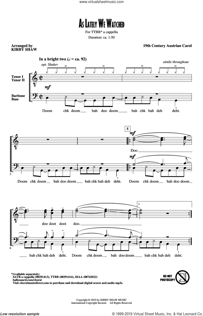 As Lately We Watched sheet music for choir (TTBB: tenor, bass) by Kirby Shaw and 19th Century Austrian Carol, intermediate skill level