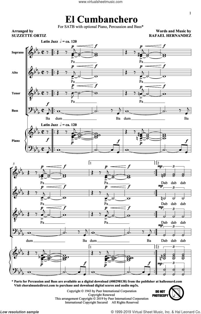 El Cumbanchero (arr. Suzette Ortiz) sheet music for choir (SATB: soprano, alto, tenor, bass) by Rafael Hernandez and Suzzette Ortiz, intermediate skill level