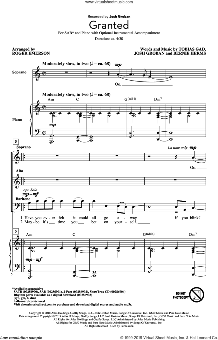 Granted (arr. Roger Emerson) sheet music for choir (SAB: soprano, alto, bass) by Josh Groban, Roger Emerson, Bernie Herms and Toby Gad, intermediate skill level