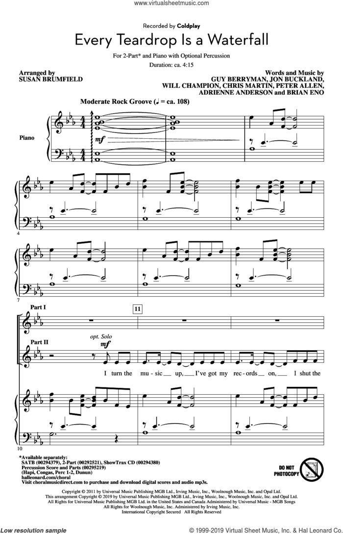 Every Teardrop Is A Waterfall (arr. Susan Brumfield) sheet music for choir (2-Part) by Guy Berryman, Susan Brumfield, Coldplay, Adrienne Anderson, Brian Eno, Chris Martin, Jon Buckland, Peter Allen and Will Champion, intermediate duet
