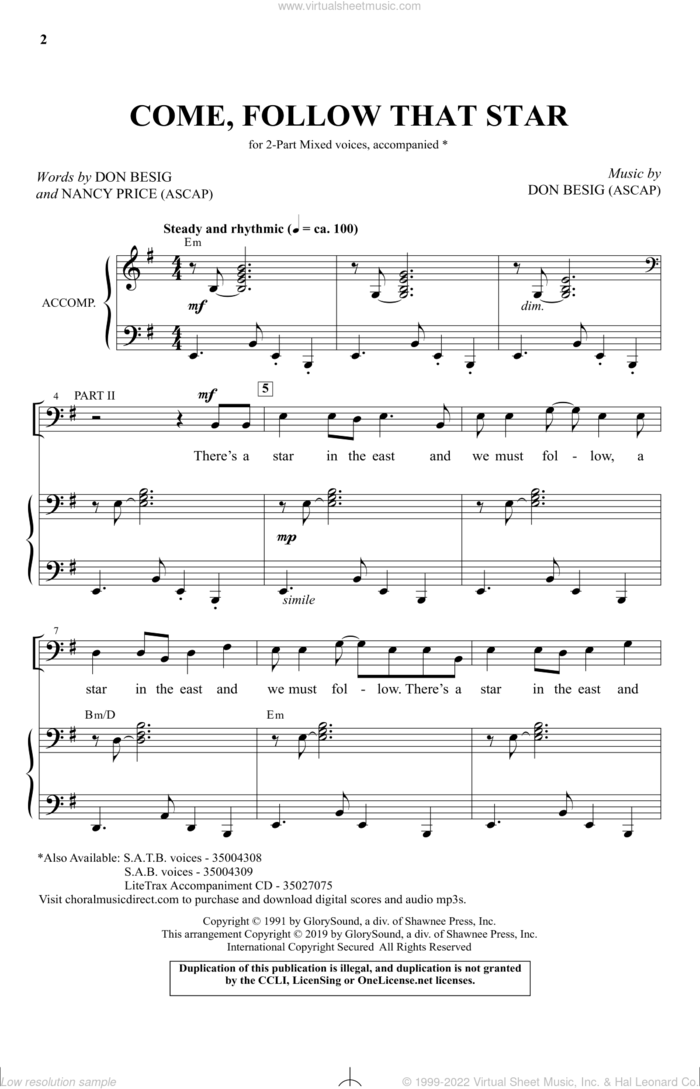 Come, Follow That Star sheet music for choir (2-Part) by Don Besig, Don Besig & Nancy Price and Nancy Price, intermediate duet