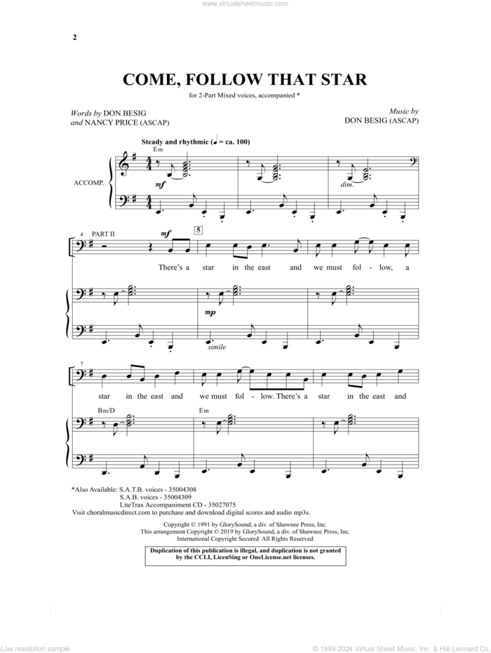 Come, Follow That Star sheet music for choir (2-Part) by Don Besig, Don Besig & Nancy Price and Nancy Price, intermediate duet