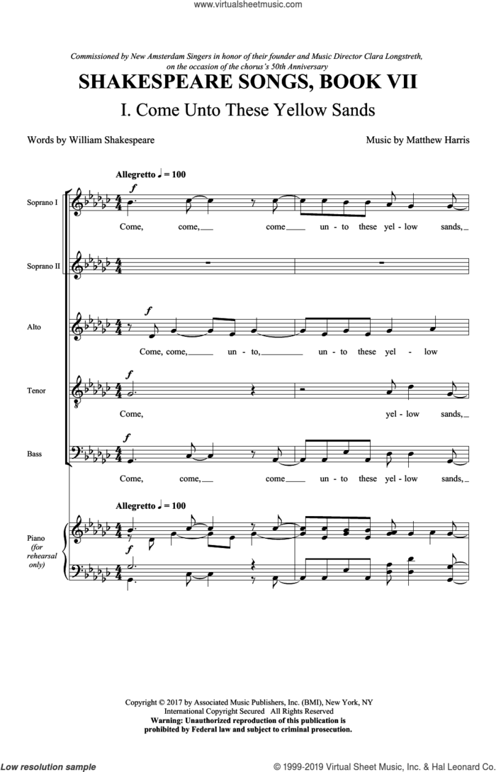 Come Unto These Yellow Sands sheet music for choir (SATB: soprano, alto, tenor, bass) by Matt Harris and William Shakespeare, intermediate skill level