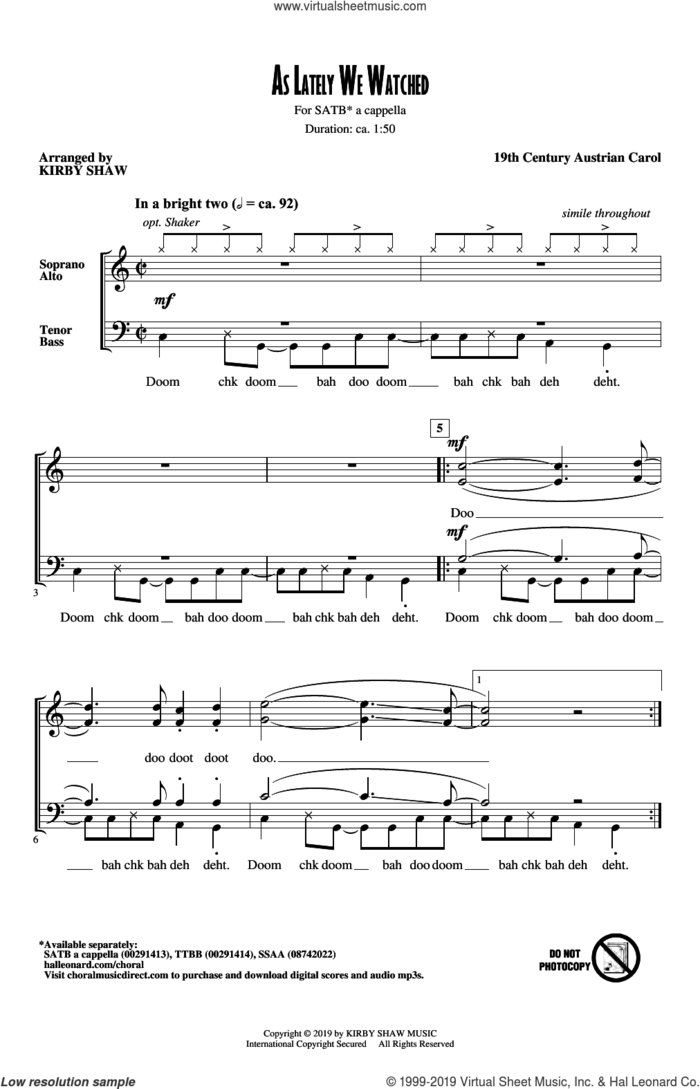 As Lately We Watched sheet music for choir (SATB: soprano, alto, tenor, bass) by Kirby Shaw and 19th Century Austrian Carol, intermediate skill level