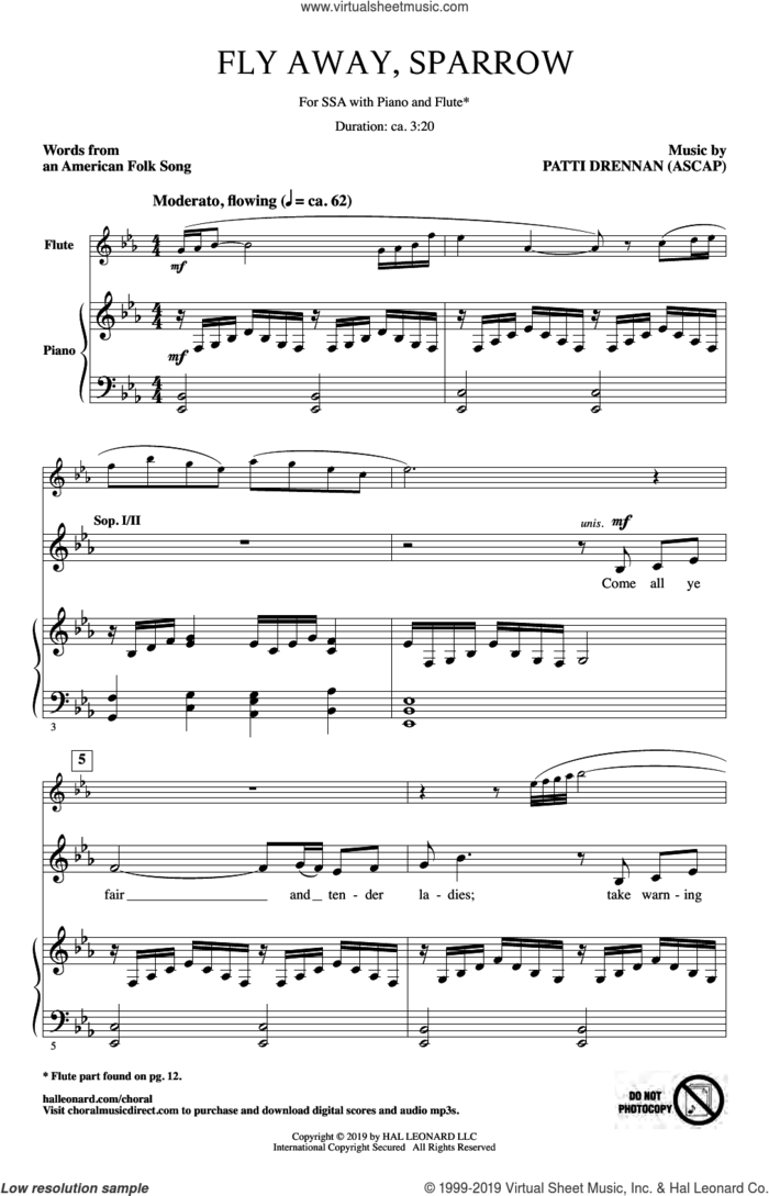 Fly Away, Sparrow sheet music for choir (SSA: soprano, alto) by Patti Drennan and Miscellaneous, intermediate skill level