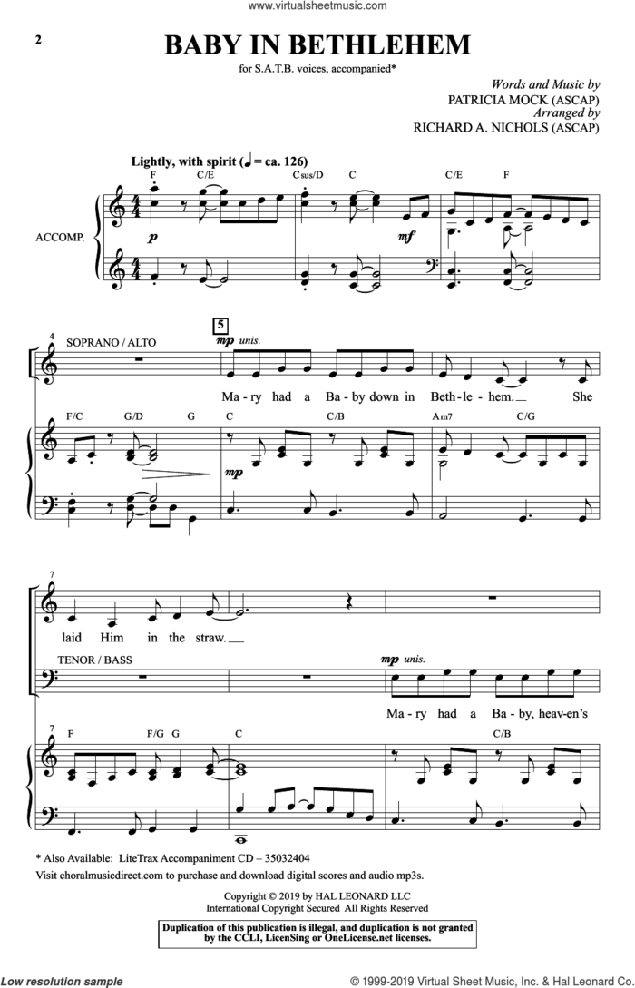 Baby In Bethlehem (arr. Richard A. Nichols) sheet music for choir (SATB: soprano, alto, tenor, bass) by Patricia Mock and Richard A. Nichols, intermediate skill level