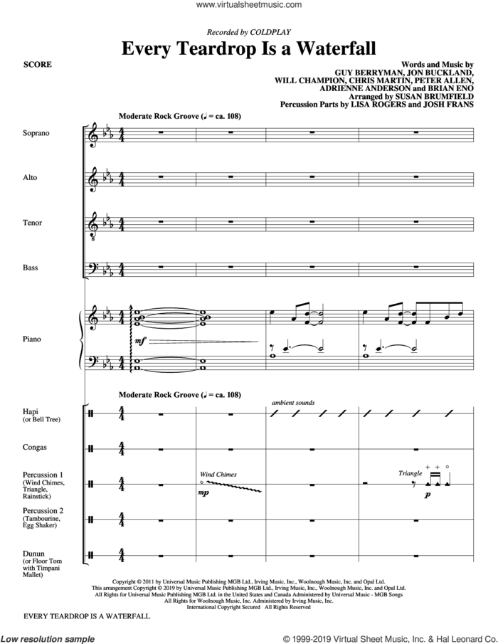 Every Teardrop Is a Waterfall (arr. Susan Brumfield) (COMPLETE) sheet music for orchestra/band by Coldplay, Adrienne Anderson, Brian Eno, Chris Martin, Guy Berryman, Jon Buckland, Peter Allen and Will Champion, intermediate skill level