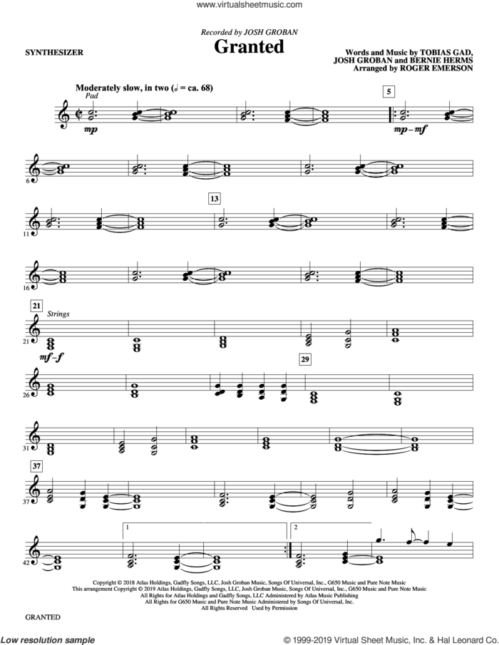 Granted (arr. Roger Emerson) (complete set of parts) sheet music for orchestra/band by Roger Emerson, Bernie Herms, Josh Groban and Toby Gad, intermediate skill level