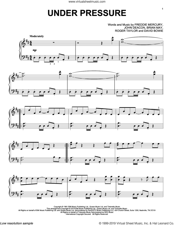Under Pressure, (intermediate) sheet music for piano solo by David Bowie & Queen, Queen, Brian May, David Bowie, Freddie Mercury, John Deacon and Roger Taylor, intermediate skill level