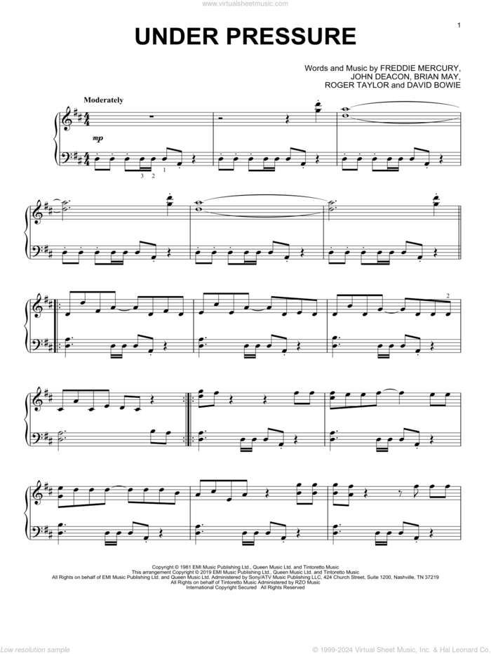 Under Pressure, (intermediate) sheet music for piano solo by David Bowie & Queen, Queen, Brian May, David Bowie, Freddie Mercury, John Deacon and Roger Taylor, intermediate skill level