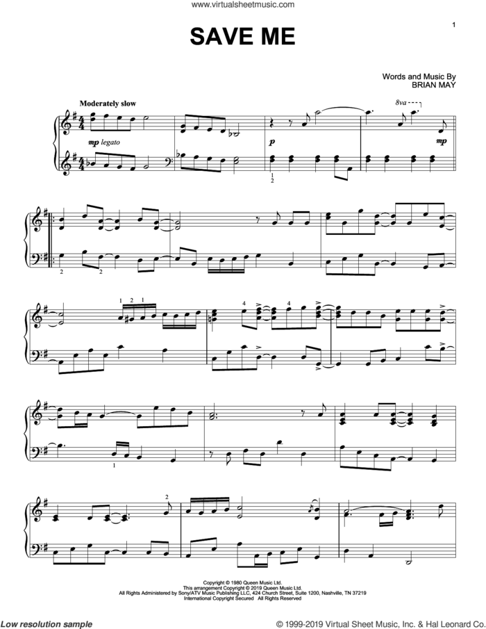 Save Me, (intermediate) sheet music for piano solo by Queen and Brian May, intermediate skill level
