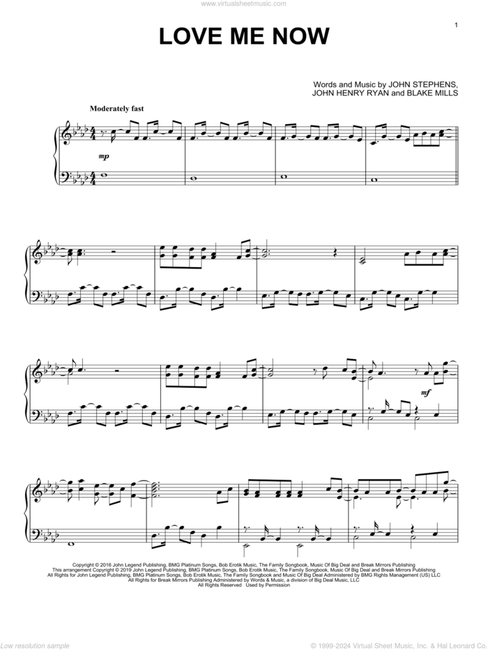 Love Me Now sheet music for piano solo by John Legend, Blake Mills, John Henry Ryan and John Stephens, intermediate skill level