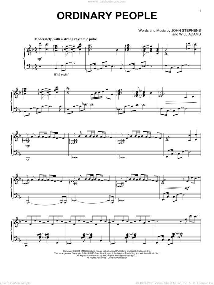 Ordinary People, (intermediate) sheet music for piano solo by John Legend, John Stephens and Will Adams, intermediate skill level