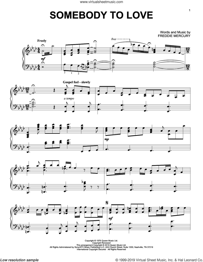 Somebody To Love sheet music for piano solo by Queen and Freddie Mercury, intermediate skill level
