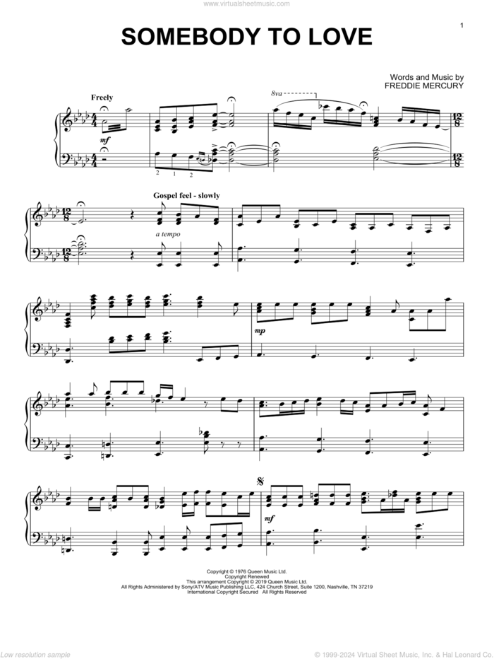 Somebody To Love sheet music for piano solo by Queen and Freddie Mercury, intermediate skill level