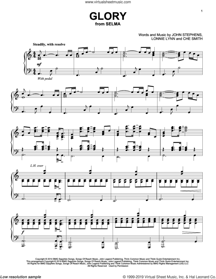 Glory (from Selma) sheet music for piano solo by Common & John Legend, John Legend, Che Smith, John Stephens and Lonnie Lynn, intermediate skill level