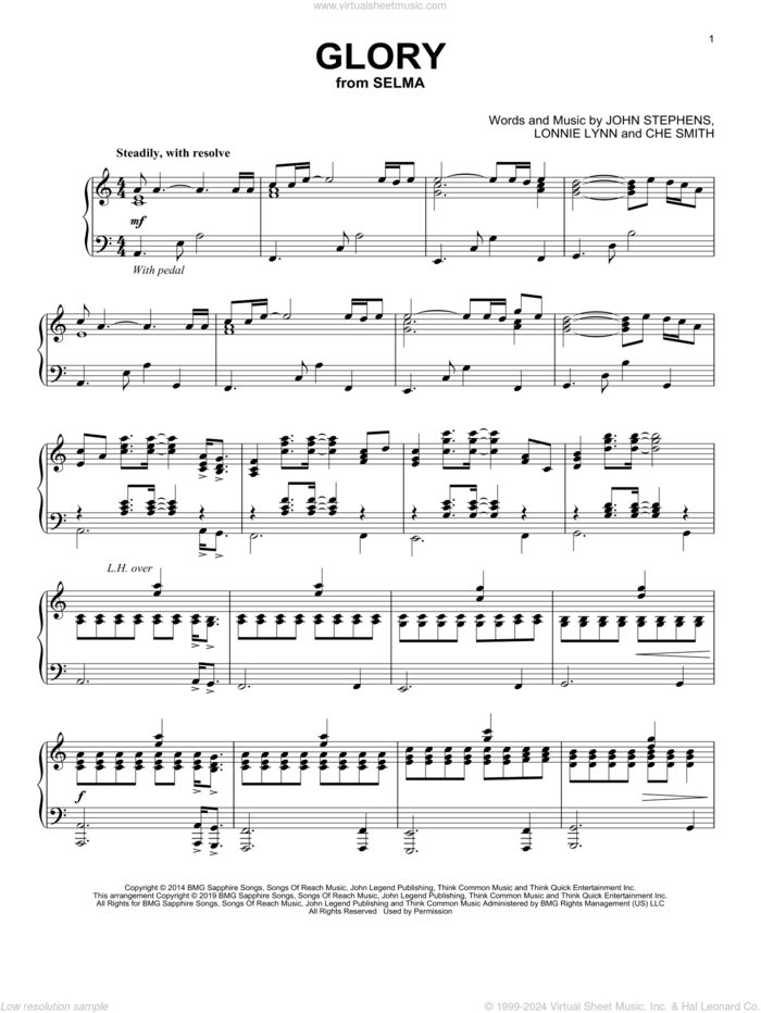 Glory (from Selma) sheet music for piano solo by Common & John Legend, John Legend, Che Smith, John Stephens and Lonnie Lynn, intermediate skill level