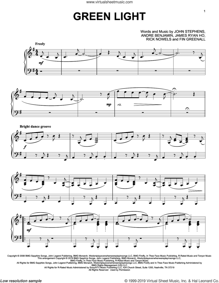 Green Light (feat. Andre 3000) sheet music for piano solo by John Legend, John Legend featuring Andre 3000, Andre Benjamin, Fin Greenall, James Ryan Ho, John Stephens and Rick Nowels, intermediate skill level