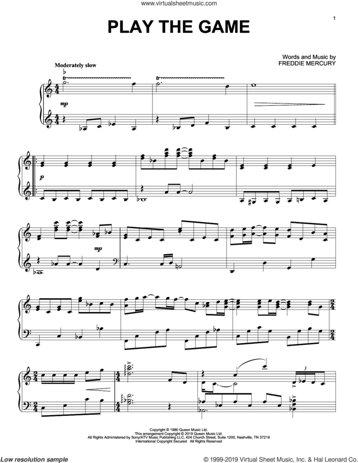 Play The Game, (intermediate) sheet music for piano solo by Queen and Freddie Mercury, intermediate skill level