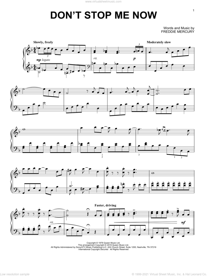 Don't Stop Me Now sheet music for piano solo by Queen and Freddie Mercury, intermediate skill level