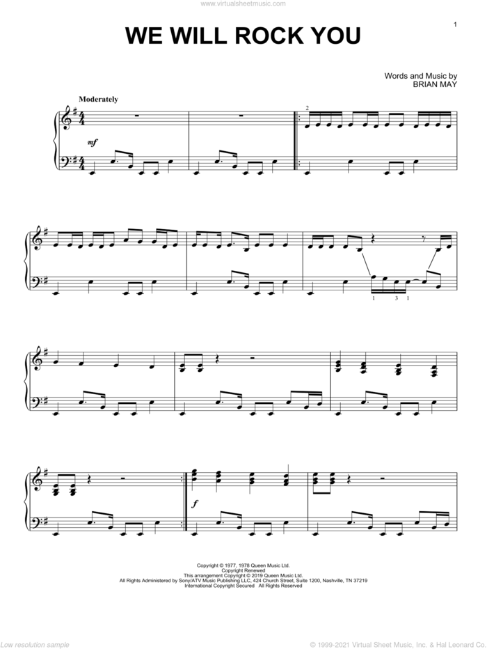 We Will Rock You, (intermediate) sheet music for piano solo by Queen and Brian May, intermediate skill level