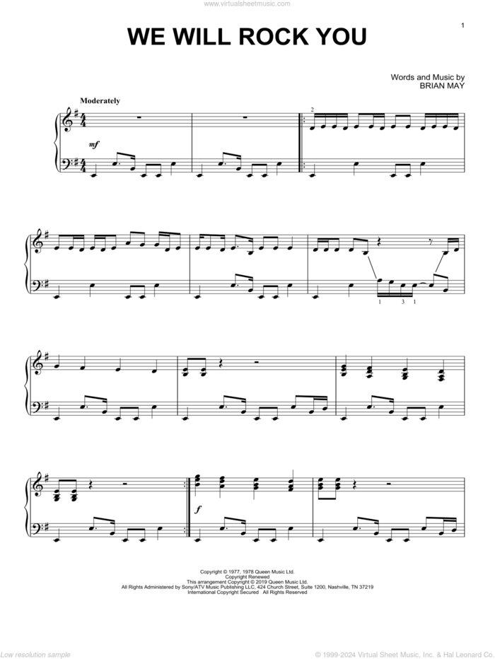 We Will Rock You, (intermediate) sheet music for piano solo by Queen and Brian May, intermediate skill level