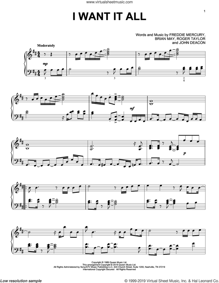I Want It All, (intermediate) sheet music for piano solo by Queen, Brian May, Freddie Mercury, John Deacon and Roger Taylor, intermediate skill level