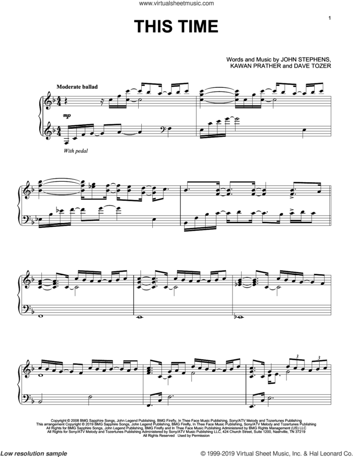 This Time sheet music for piano solo by John Legend, Dave Tozer, John Stephens and Kawan Prather, intermediate skill level