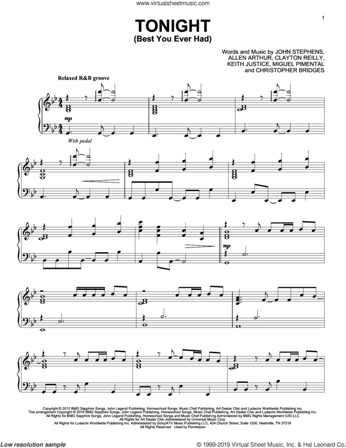 Tonight (Best You Ever Had) (feat. Ludacris) (from Think Like a Man) sheet music for piano solo by John Legend, Allen Arthur, Christopher Bridges, Clayton Reilly, John Stephens, Keith Justice and Miguel Pimental, intermediate skill level