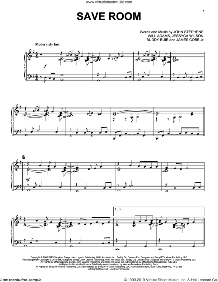 Save Room, (intermediate) sheet music for piano solo by John Legend, Buddy Buie, James Cobb Jr., Jessyca Wilson, John Stephens and Will Adams, intermediate skill level
