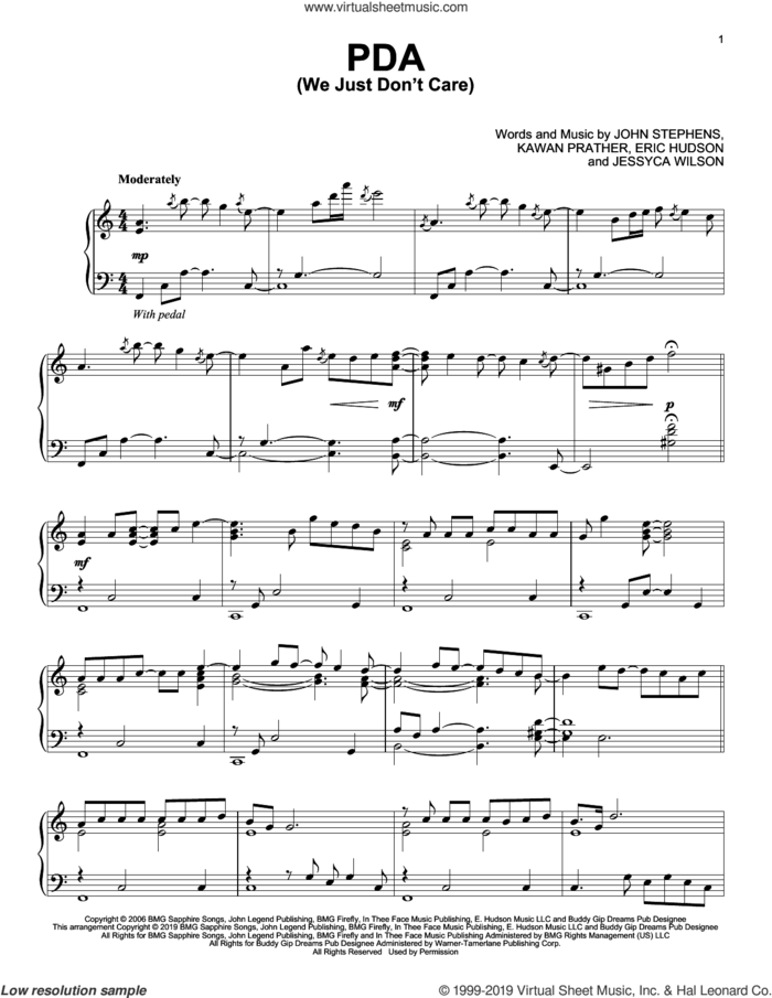 PDA (We Just Don't Care) sheet music for piano solo by John Legend, Eric Hudson, Jessyca Wilson, John Stephens and Kawan Prather, intermediate skill level