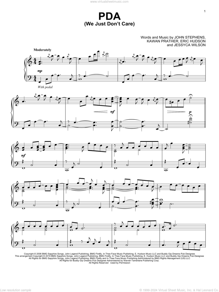 PDA (We Just Don't Care) sheet music for piano solo by John Legend, Eric Hudson, Jessyca Wilson, John Stephens and Kawan Prather, intermediate skill level