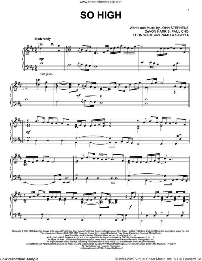 So High, (intermediate) sheet music for piano solo by John Legend, DeVon Harris, John Stephens, Leon Ware, Pamela Sawyer and Paul Cho, intermediate skill level