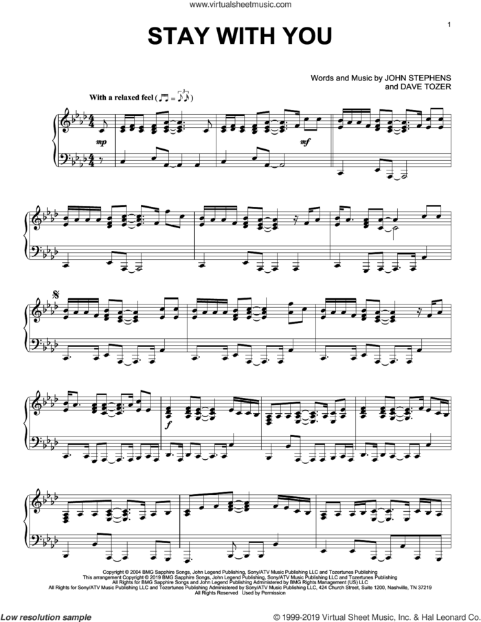 Stay With You, (intermediate) sheet music for piano solo by John Legend, Dave Tozer and John Stephens, wedding score, intermediate skill level
